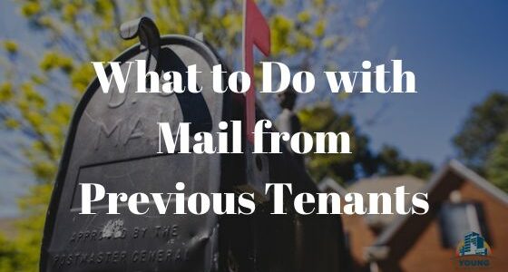 Title "What to Do with Mail from Previous Tenants" in white letters over a picture of black metal mailbox