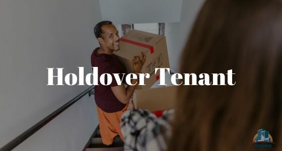 Title "Holdover Tenant" in white letters over a picture of person carrying down a cardboard box down the stairs